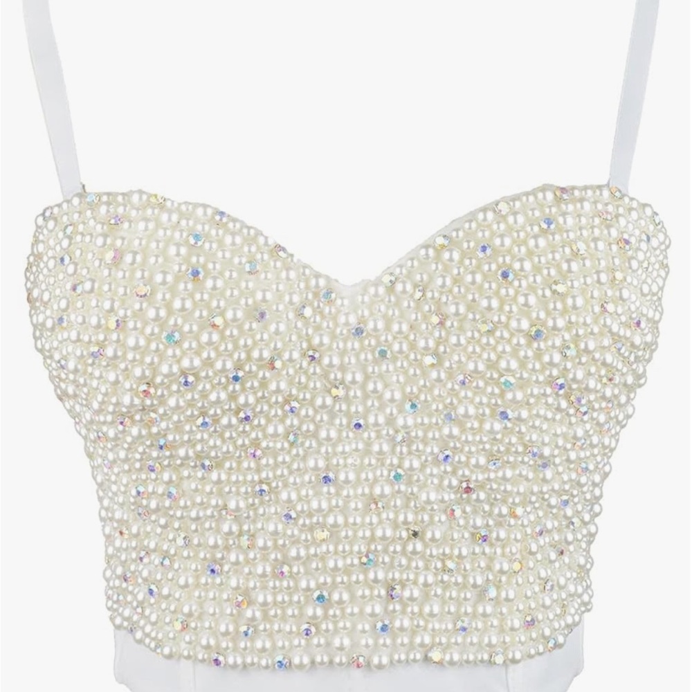 ELLACCI Sexy Pearls Beaded Rhinestone Bustier Crop Top Push up Corset